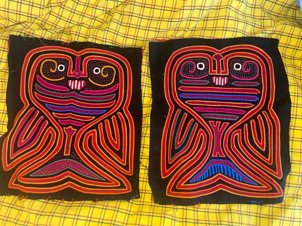Pair Vintage Guna/Kuna Mola Textile Panels – Panama – Stylized Owl/Bird Folk Art